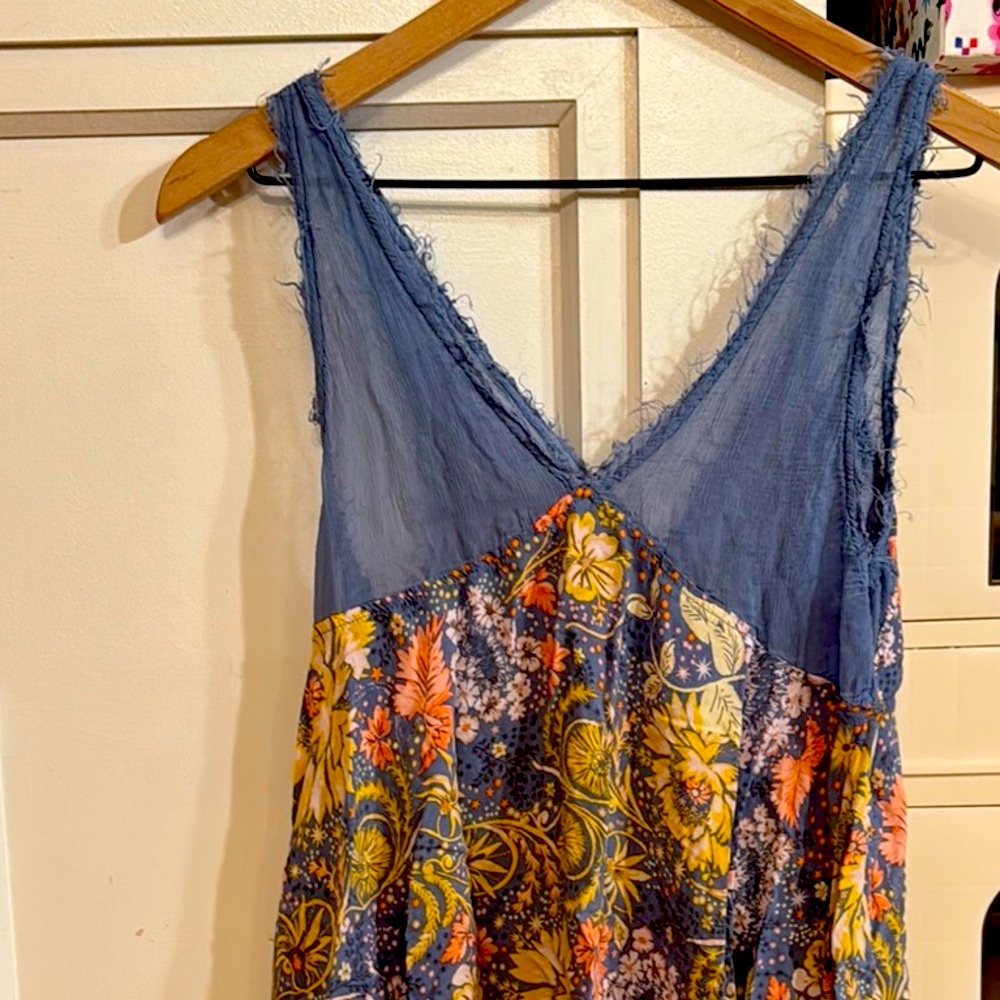 Free People blue and Yellow Asymmetrical Mini Dress sheer